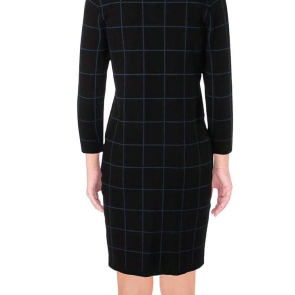 B60 Anne Klein Black and Blue Grid Long Sleeve Sweater Dress Sz Md Scoop Neck - Picture 2 of 13